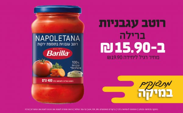 בחודש ספטמבר 2025-מרקטים-רוטב עגבניות ברילה,1 יחידות ב15.9 שקלים,מחיר רגיל-19.9,ברקודים משתתפים-395, 739, 654